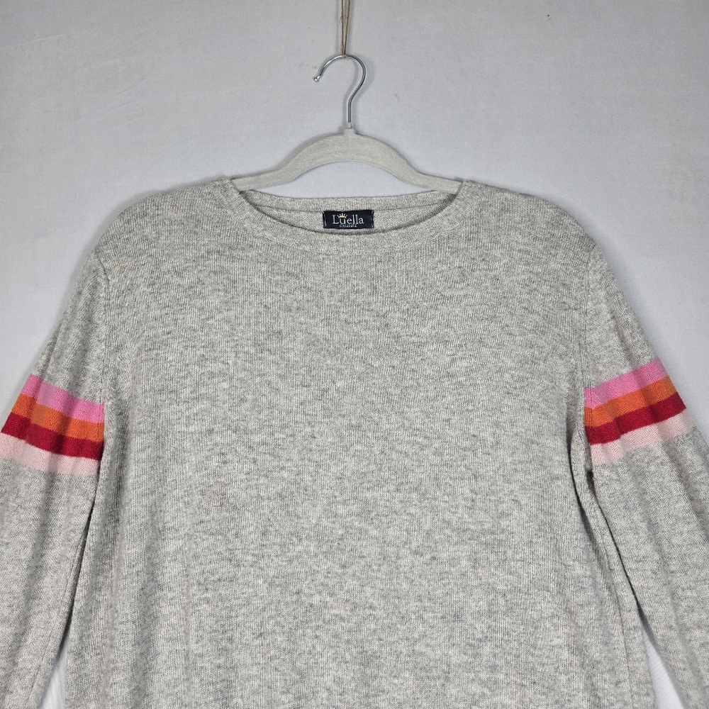Luella Cashmere Blend Gray Crewneck Sweater Medium / Large Stripe Red Pink Trim - Picture 4 of 16